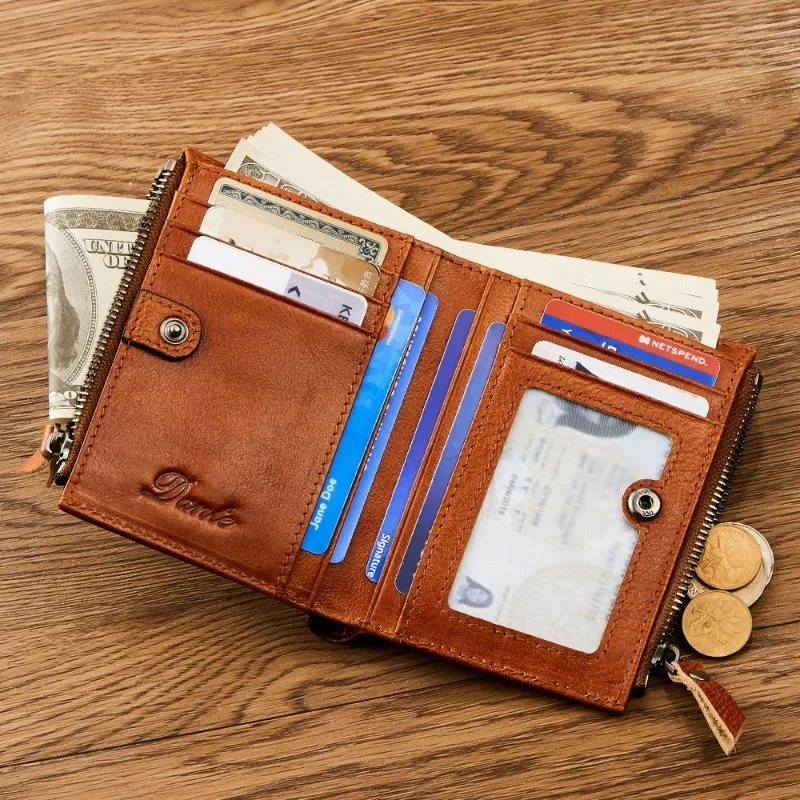 2023 New Genuine Leather Rfid Protection Wallets for Men Vintage Thin Short Multi Function ID Credit Card Holder Money Bag