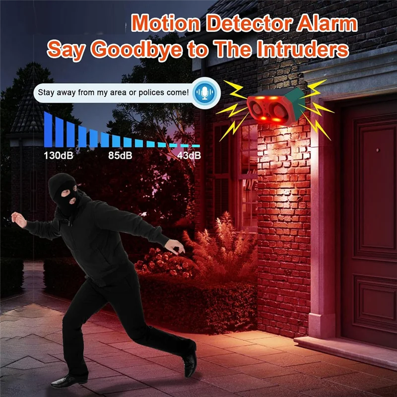 FULL-พลังงานแสงอาทิตย์กลางแจ้ง Motion Sensor นาฬิกาปลุก 13 เสียง,130Db Dual Speaker Motion Detector Alarm Light พร้อมรีโมทสําหรับฟาร์ม Yard