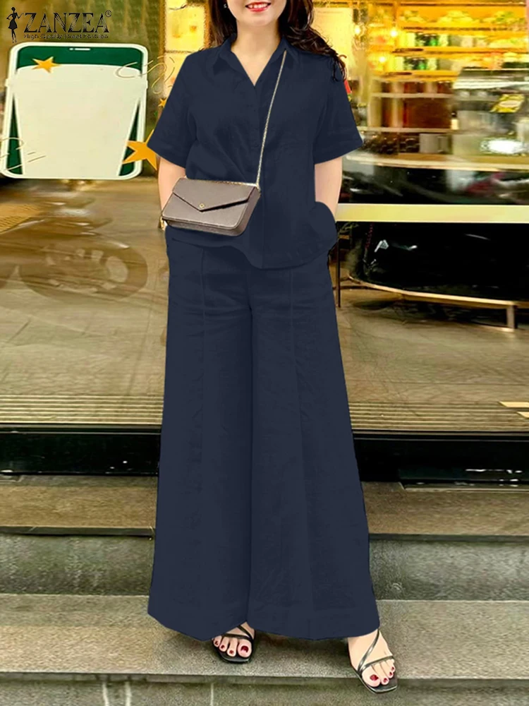 

ZANZEA Summer Trousers Suits Elegant Short Sleeve Lapel Shirt Pant Sets Casual Solid Work Tracksuits Fashion 2pcs Women Outfits