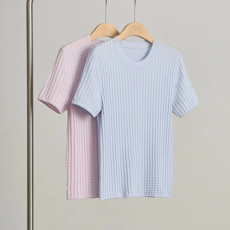 Birdtree, 100% Real Silk Knitted Tshirt, O-neck Short Sleeve Shirt, Women's Waffle Solid Thin Tops, 2026 Summer New T64013JF