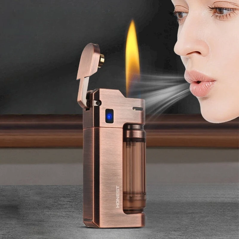 HONEST Creative Touch Unlock Blowing Ignition Windproof Kerosine Lighter Easy Transparent Oil Tank Zinc Alloy Material Lighters