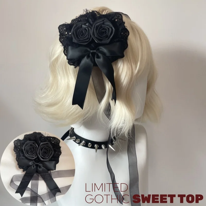 

Original Handmade Halloween Gothic Dark Hat Lolita Harajuku Lace Bow Top Headpiece Y2K KC Black Elegant Hair Accessories