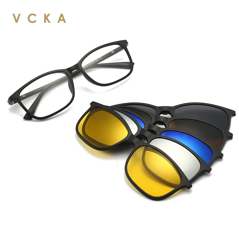 

VCKA 6 in 1 Magnetic Reading Sunglasses Clip Square Spectacles Women Men Polarized Night Vision Glasses Set TR90 Eyewear +1.0