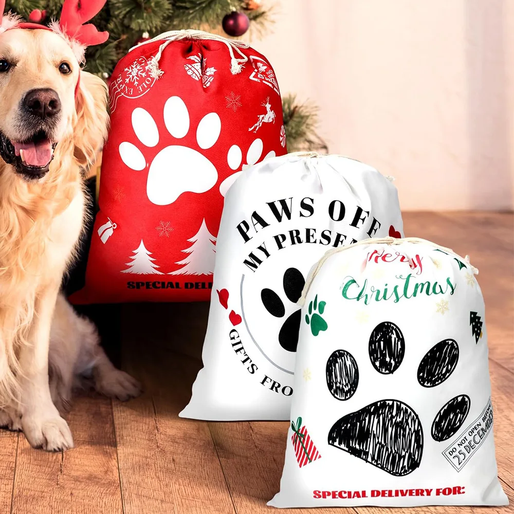 Christmas Gift Bags Dog Cloth Reusable Gifts Party Supplies Santa Drawstring Dog Paw Printed Bags