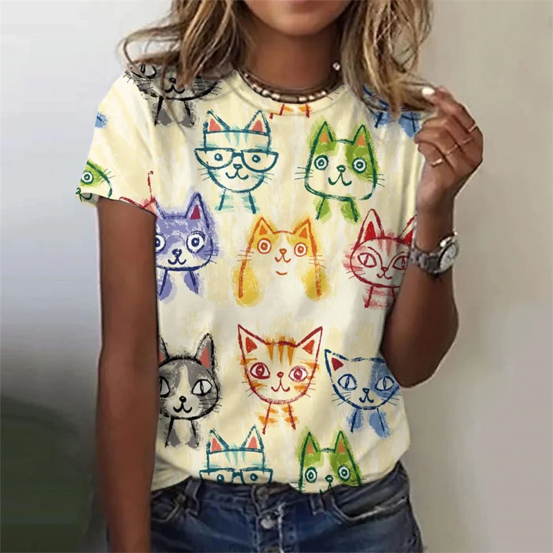 Cartoon Cat Pattern T-Shirt For Women Cute Animal 3D Printed Tees Summer Harajuku Loose T Shirts Round Neck Tops Short Sleeves