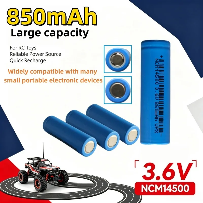 Cylindrical 14500 NCM Battery 3.6V 850mAh Rechargeable Li-ion Cell, Used in Flashlights, Shavers, Mini Fans & Portable Toys