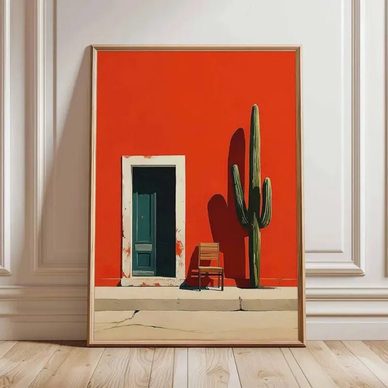 Impresión de pared mexicana, póster de cactus y silla, diseño arquitectónico rojo, llamativo y minimalista, decoración boho d