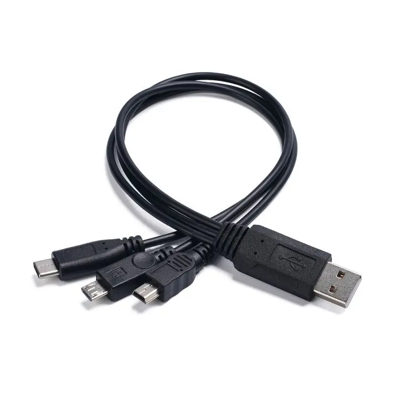 30cm 1/3 USB 2.0 A Male Chip to Micro 5P Male+Type-C Male+Mini 5P Male Charging Data Synchronization Adapter Cable