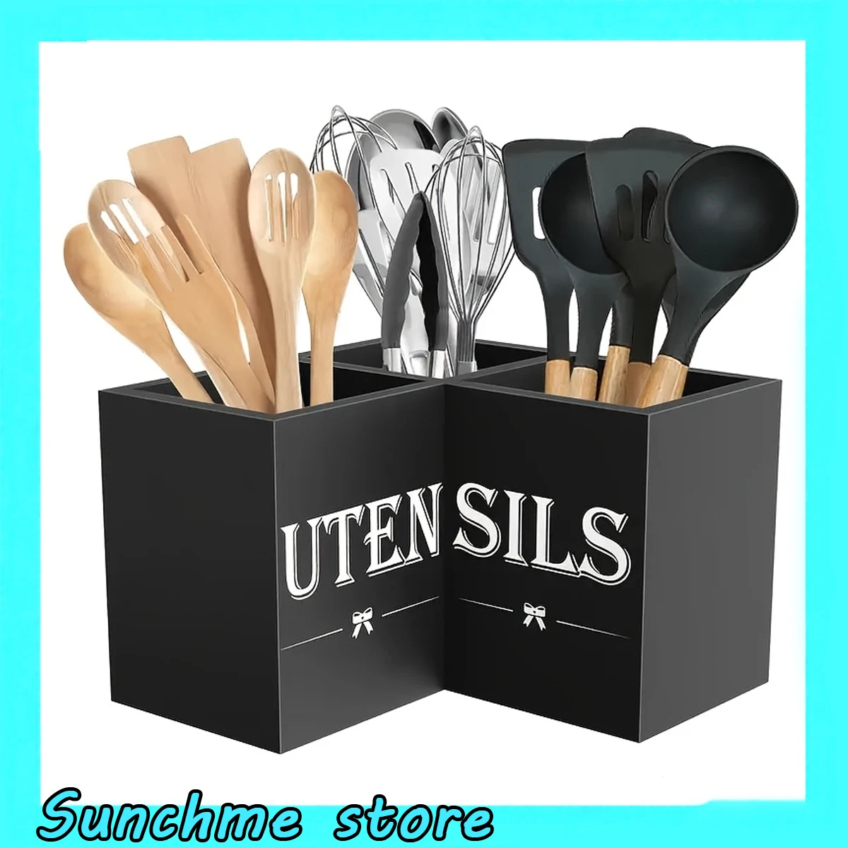 

Большой деревянный держатель для кухонной утвари с 3 отделениями - черная стойка-органайзер на столешницу для настенного угла, ящик для столовых приборов для ложек, ножей