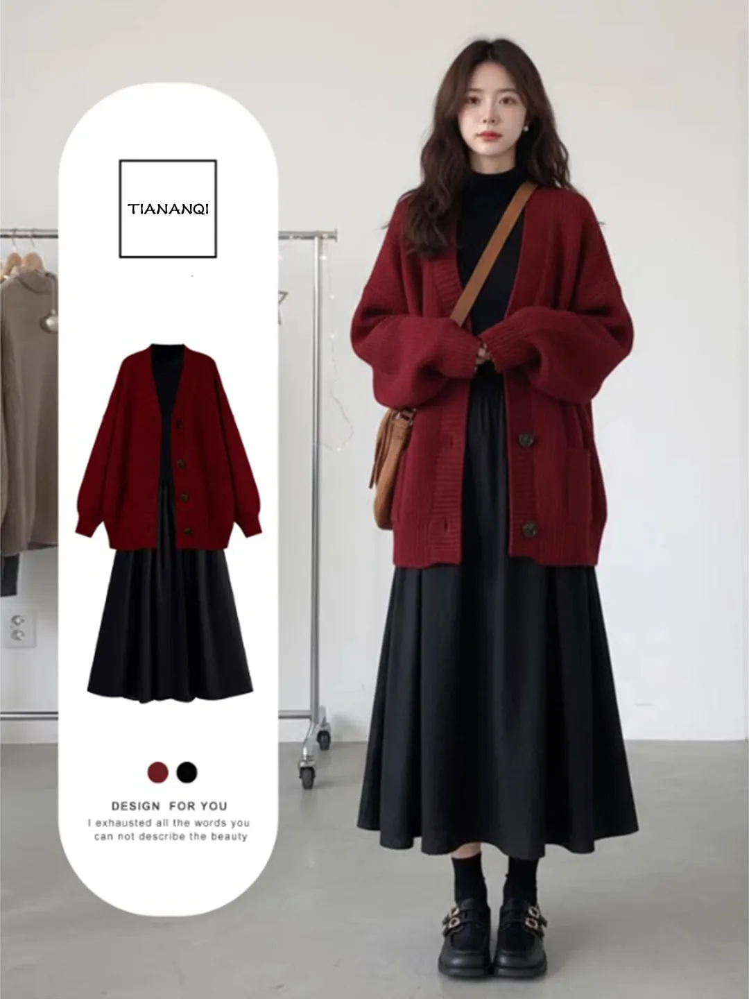 

Winter New Year Women's Red Knitted Cardigan Dress Slimming Waist Effect Two-Piece Set Casual Style Long Sleeve V-Neck Sweater