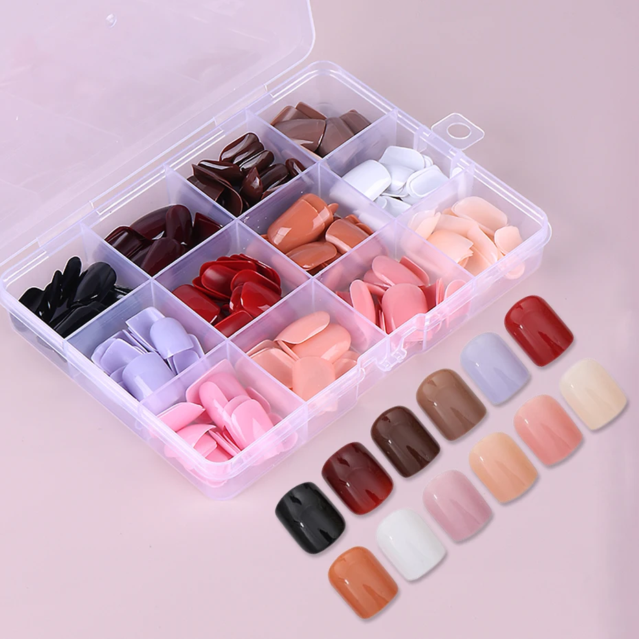 288 Pcs Short Square Round Shaped 12 Colors Full Coverage Glossy False Nails Coffee Brown Solid Color Press On Nails for Women