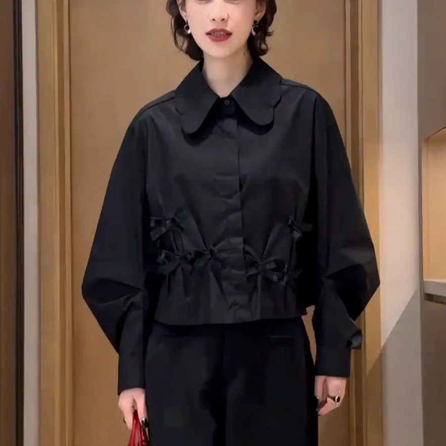 European fashion bow doll collar shirt women's spring and autumn design butterfly pendulum fashion long-sleeved top tide