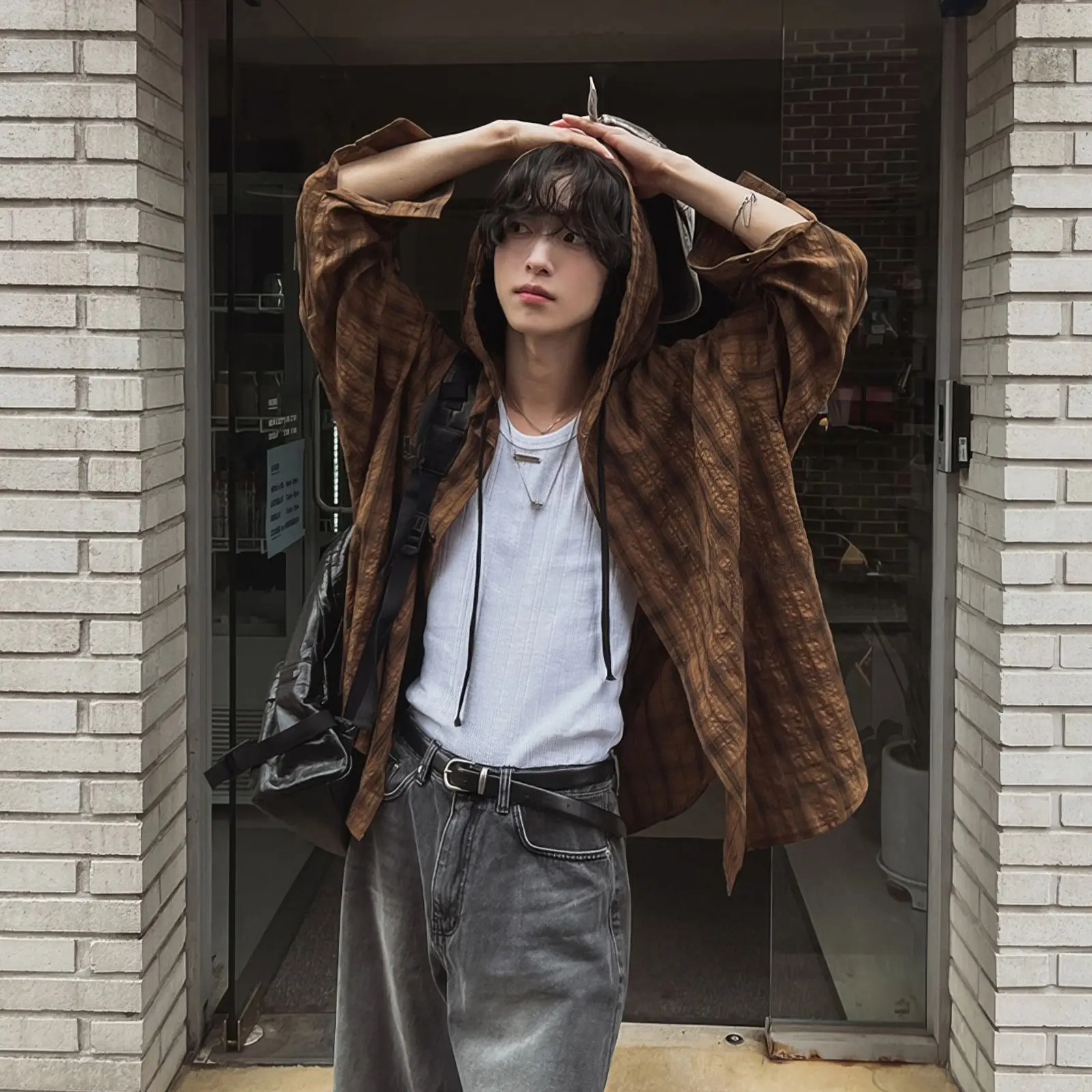 

Мужская свободная летняя куртка-худи в клетку с капюшоном, в стиле ретро, с принтом, повседневная, для пар, солнцезащитная, из полиэстера