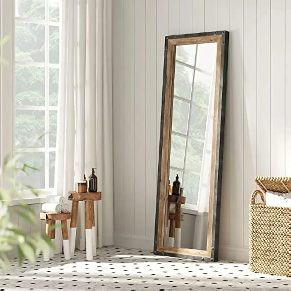 16x48 Leaner Floor Mirror Full Length, Large Rustic Wall , Free Standing Leaning Hanging Wood and Metal Full Size, Farmhouse