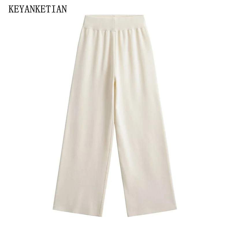 

KEYANKETIAN 2024 New Launch Women's Elastic Waist Knit Wide leg Pants Autumn Simple style Loose Beige Casual Pants Trousers