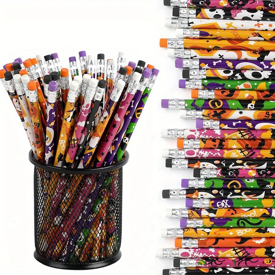 12/24/36 Stück Halloween-Bleistifte, 19 cm, verschiedene Designs, Kürbis, Totenkopf, Fledermaus, Spinne, Holzstifte mit Radiergummis, Partygeschenke JXB