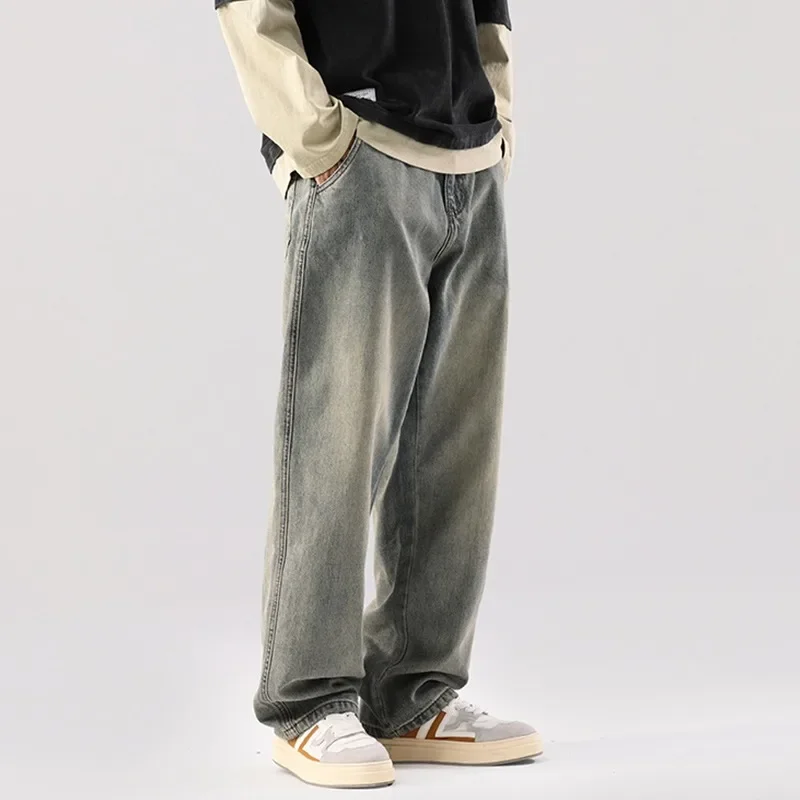 Korean Fashion New In Denim Mens Pants Solid Color Wide Leg Straight Bottoms Loose Jeans Streetwear Men Clothes Y2k