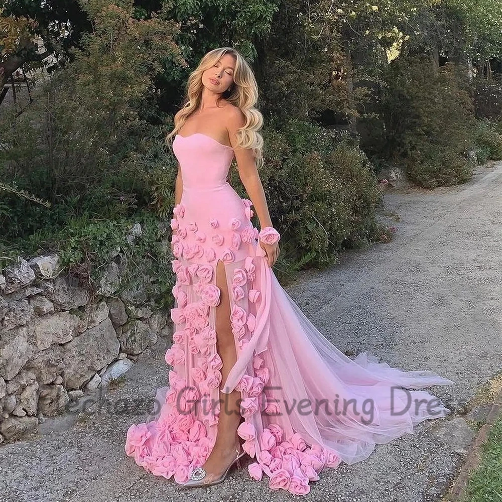 Flechazo Jersey and Tulle Floral Evening Dress Sweetheart Strapless Mermaid Floor Length Pink Handmade Flowers Party Gowns