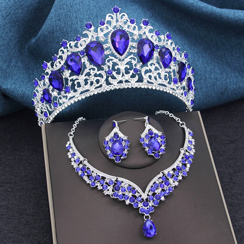 

Gorgeous Blue Crown and Necklace Earrings Sets for Brides Prom Large Tiaras Princess Diadem Bridal Dubai Jewelry Set Wedding