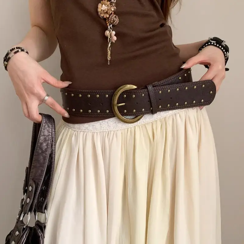 حزام برشام نسائي على الطراز القوطي حزام خصر جلدي عالي التحمل Y2k فستان فاسق حزام جينز إكسسوارات الخصر