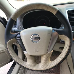 100% Fit For Nissan Teana 2008-2012 Murano 2009-2014 Hand-stitched Black beige Genuine Leather non-slip car steering wheel cover