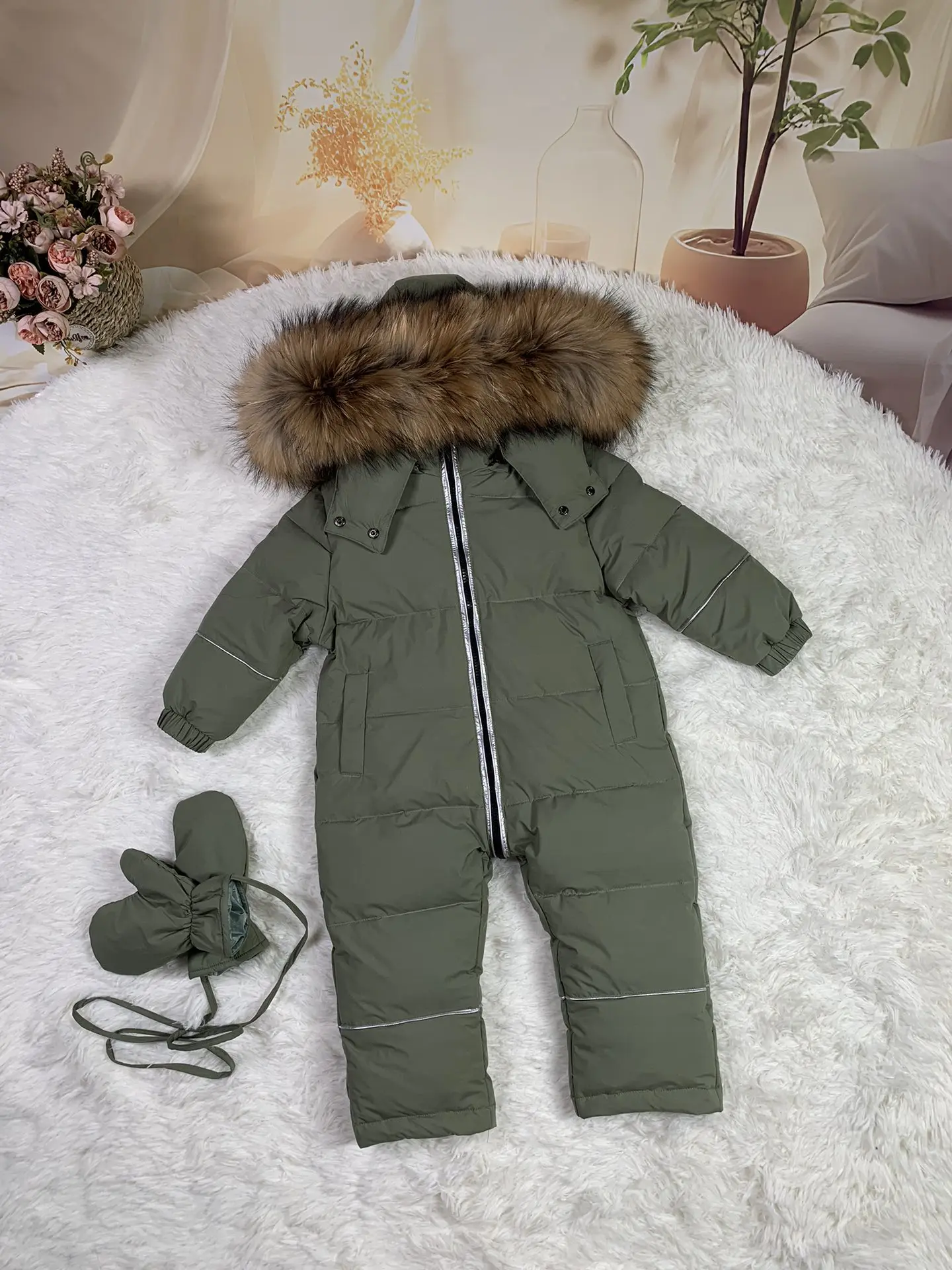 Real fur 2024 Winter overall Jacket child jackets children jumpsuit  baby snow suit girl down romper ski suits outerwear