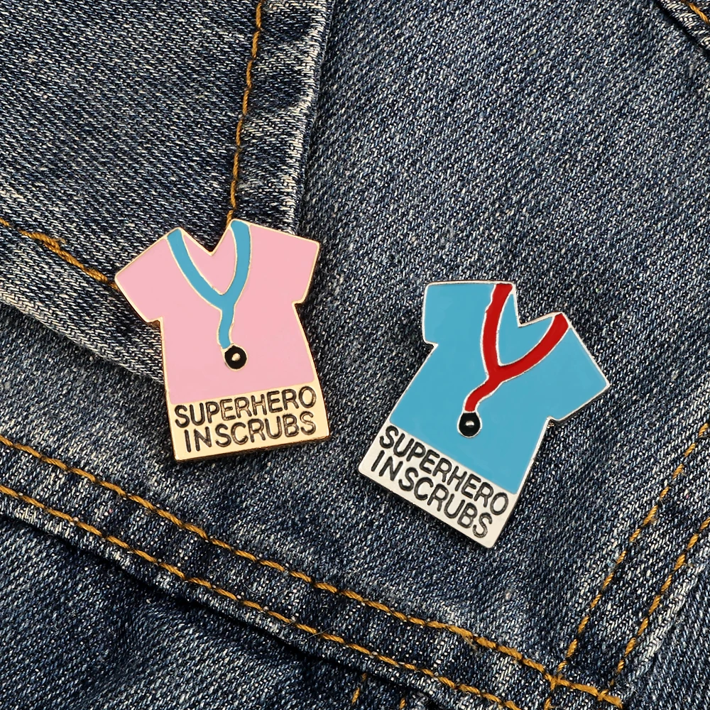 Doctor Nurse Brooches Pink Blue Stethoscope T-shirt Enamel Metal Pin Cartoon Medical Badge Women Backpack Hat Lapel Jewelry Gift