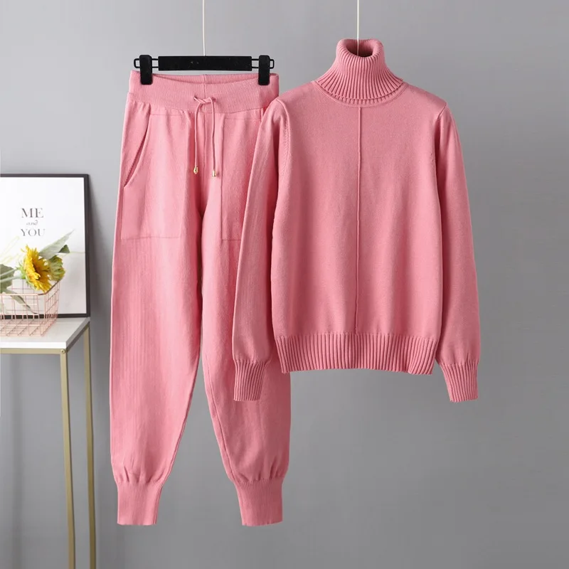 

2024New 2 Pieces Set Women Knitted Tracksuit Turtleneck Sweater Carrot Jogging Pants Pullover Sweater Set Female Knit Pants Suit