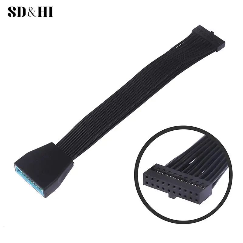 Small Mini USB 3.0 19/20 Pin Internal Extension Header Adapter Cable Black Flat Wire Cable for Motherboard 5.9inch/15cm