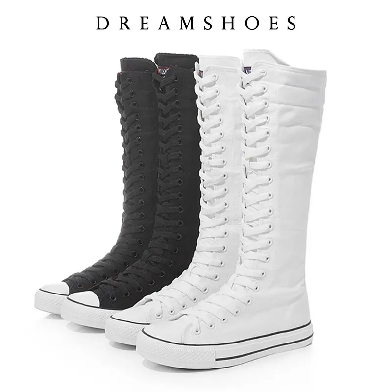 

Spring Autumn Increase 4.5cm Women Shoes Canvas Casual High Top Shoes Long Boots Lace-Up Zipper Comfortable Flat Boots
