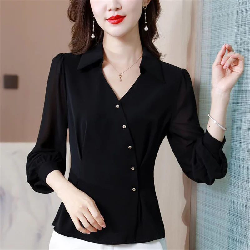 Elegante Chic Assimétrico Senhora Do Escritório Botão Preto Up Shirt Primavera Outono Moda V Neck Manga Longa Magro Tops Blusas para As Mulheres