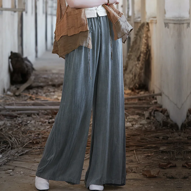 Elegant Women's Cotton Linen Baggy Cargo Pants Vintage Elastic Waist Yoga Trousers Loose Casual Long Wide Leg Oversize Clothes