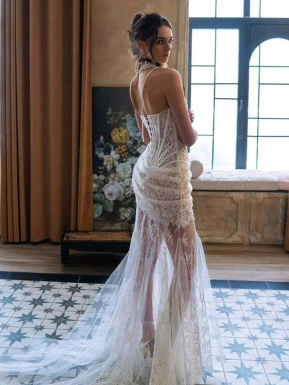 High-end European And American Sexy Lace Sheer Patchwork Waist-Cinching Off-Shoulder Dress Elegant And Graceful Gowns