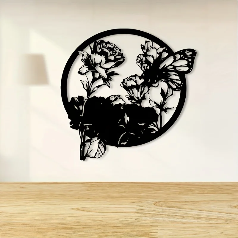 Black & White Carnation Framed Metal Wall Art, Iron Flower Hanging Mural with Mounting Holes, Home Garden Indoor Outdoor Wall De