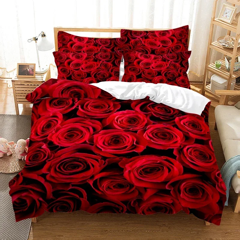 Red rose bed linen set duvet cover 3D bed linen digital printing  bed linen queen size  set fashion design