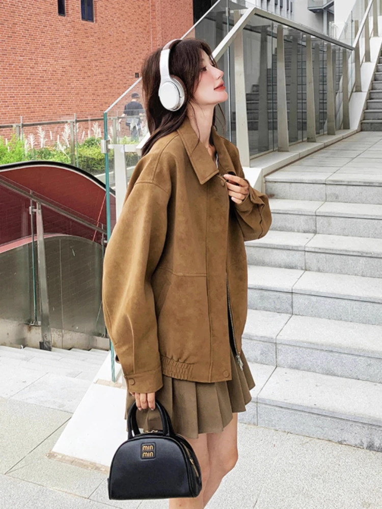 Chaqueta de béisbol de gamuza Camel para mujer, abrigo recortado de estilo universitario coreano, ropa de abrigo de gamuza sintética suave y pequeña, otoño y primavera