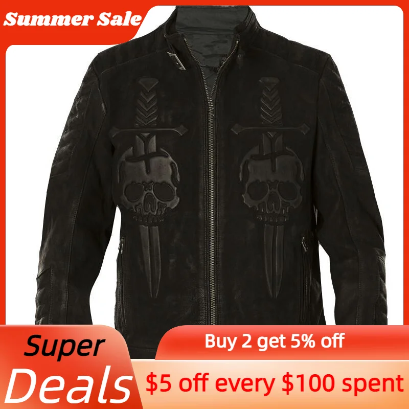 Vintage Black Autumn Skulls Leather Jacket Men Stand Collar Plus Size 3XL Natural Cowhide Slim Fit Genuine Leather Coat