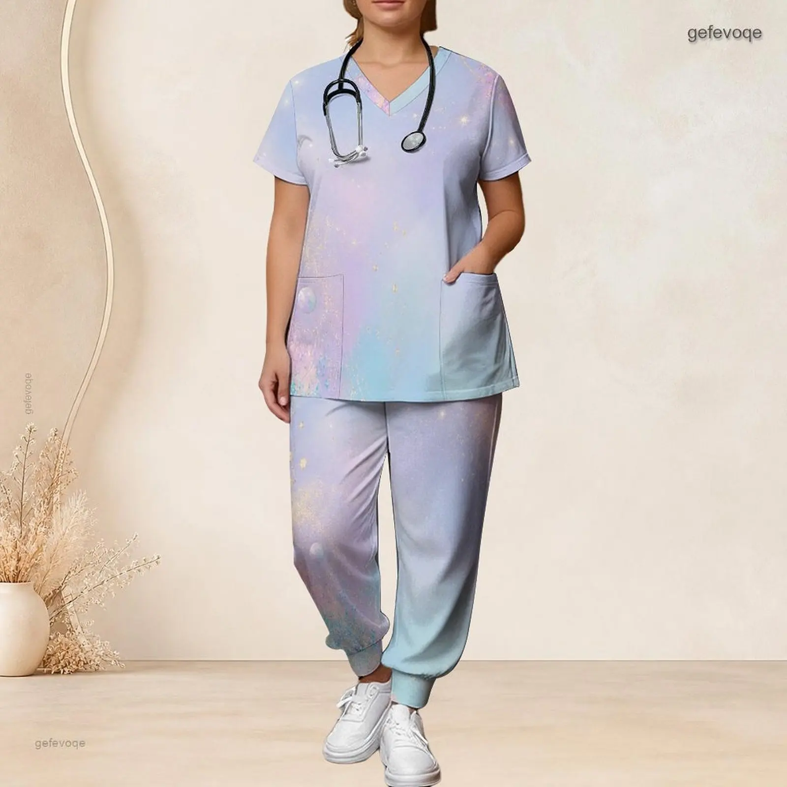 V Neck Short Sleeve Pocket Top Long Pants Two Piece Printed Scrub Set for Women