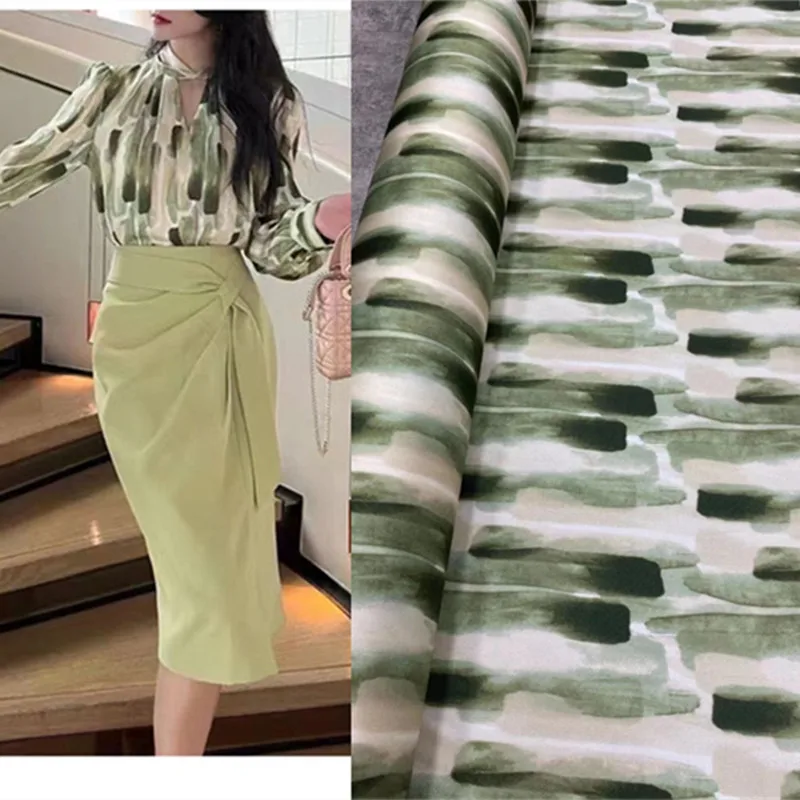 Ink Style Printed Silk Stretch Twill Cucumber Gradient Green Shirt Skirt Mulberry Silk Fabric Satin Material Designer Sewing Div