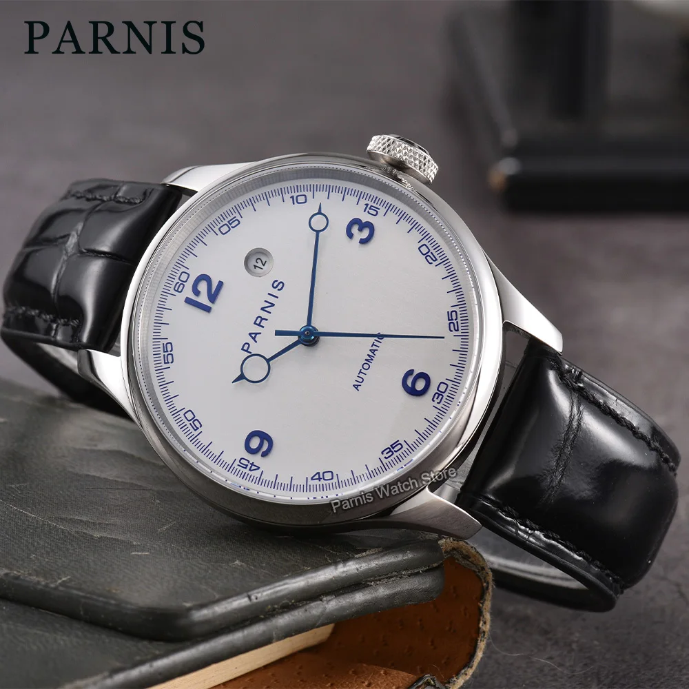 41mm Parnis Blue Marks White Dial Sapphire Crystal Men Wristwatch Stainless Steel Automatic Watch