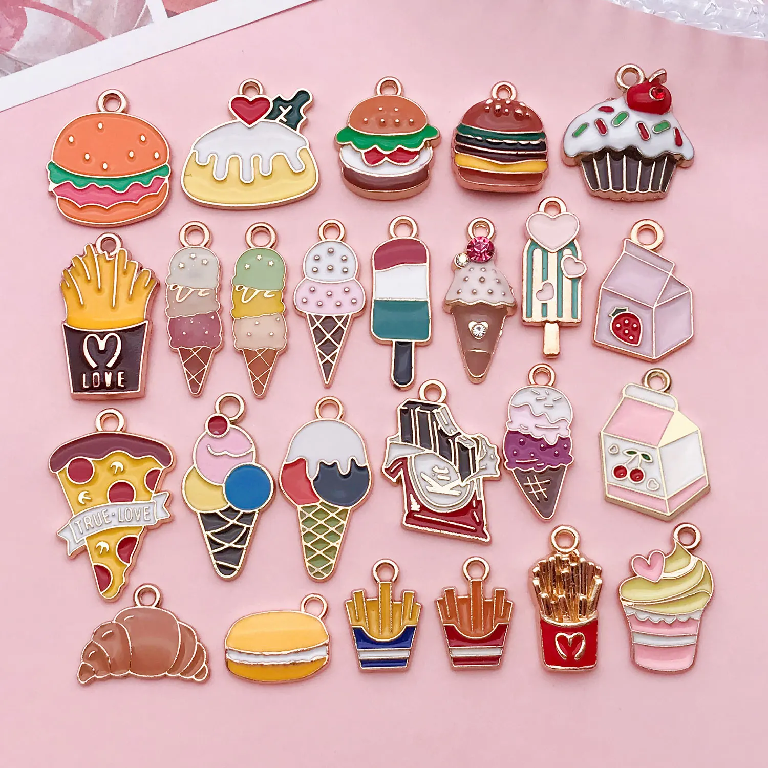 5pcs/25pcs Alloy Enamel Food Burger Beverage Pendant Jewelry Making DIY Keychain Earrings Charms for Jewelry Bracelets Necklace