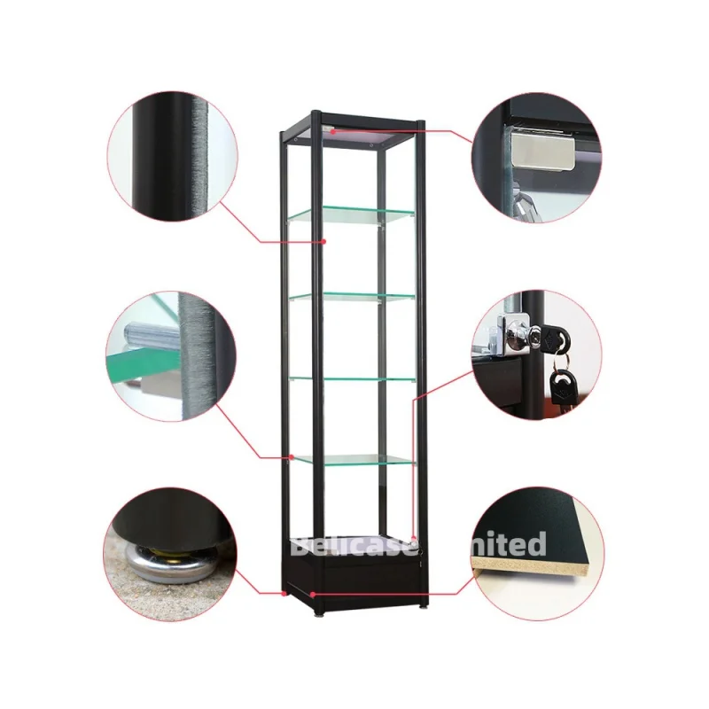 custom，Customized Black Aluminum Frame Glass Display  Cabinet For Collect With LED light Showcase