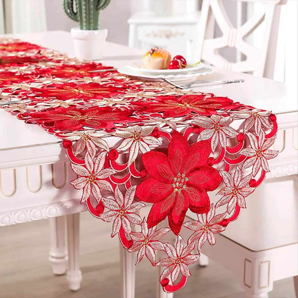 BHBL Christmas Table Runner, Poinsettia Holly Leaf Embroidered Table Linens for Christmas Decorations 15 X 86 Inch