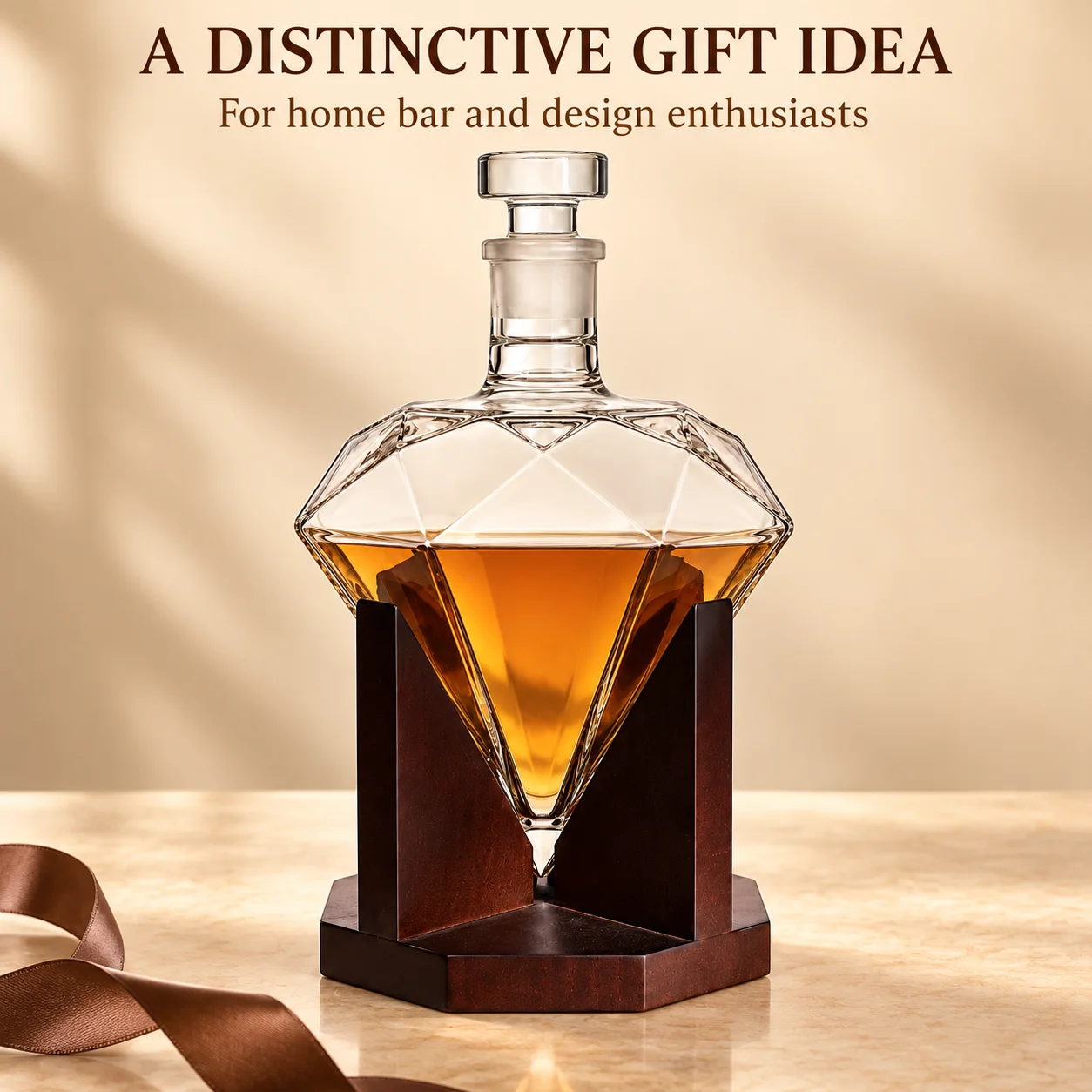 Unique Diamond‑Facetted Glass Decanter With Wood Base 850ml Large Capacity Wine Bottle For Whisky Brandy Vodka Home Ornament