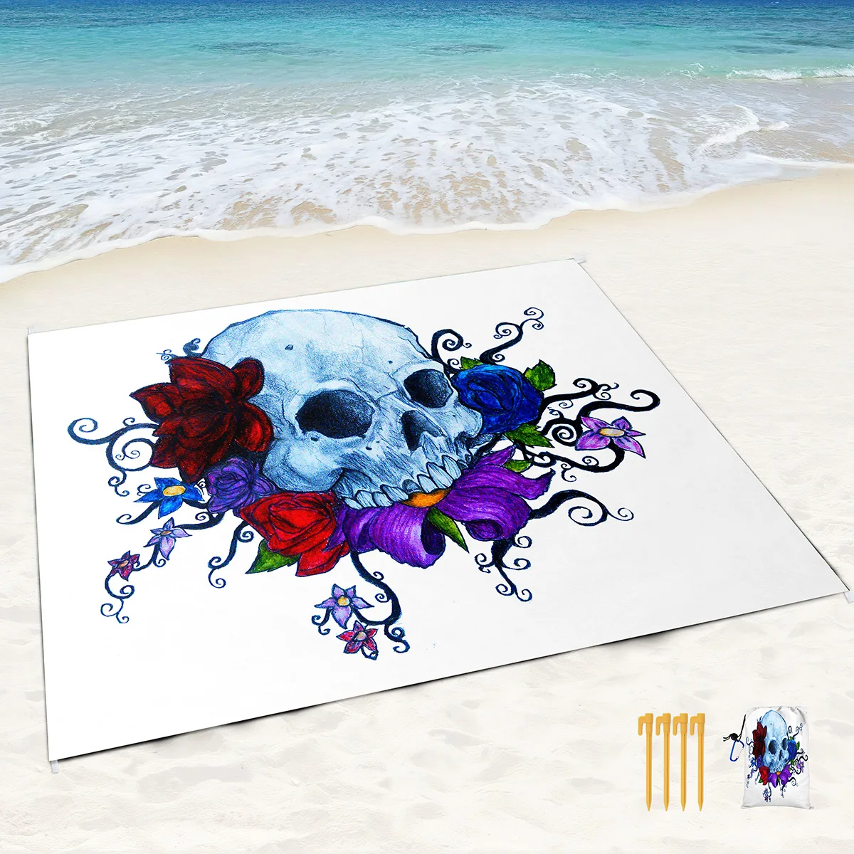 Skull Beach Blanket Waterproof Sandproof Lightweight Portable Sand Free Large Outdoor Mat with Corner Pockets for Travel Camping