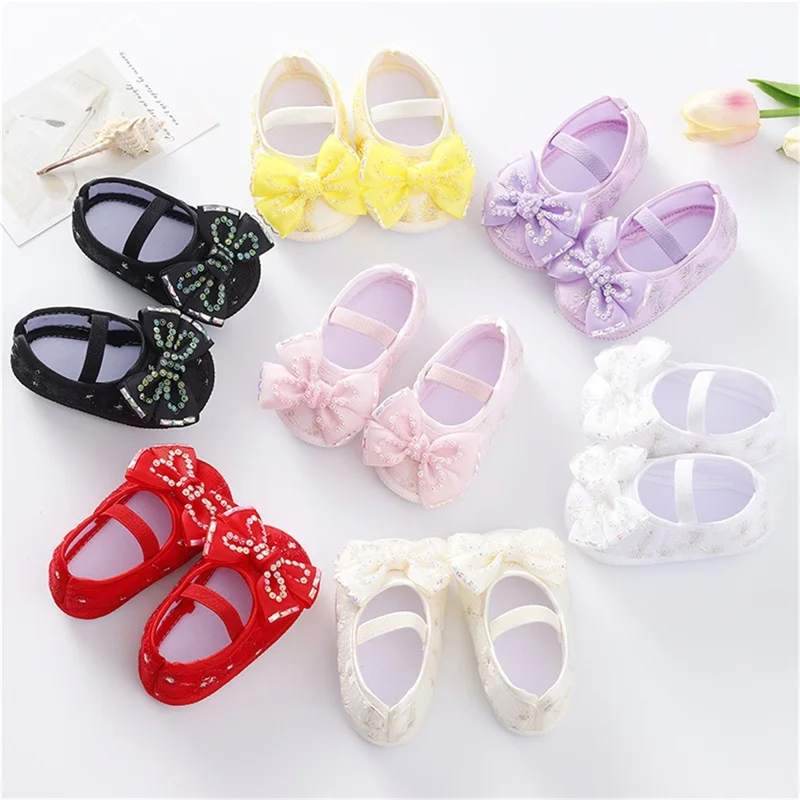 EWODOS Baby Girls Mary Jane Flats Beaded Bow Princess Shoes Dress Red Walking Shoes and Headband Newborn Infant for Christmas