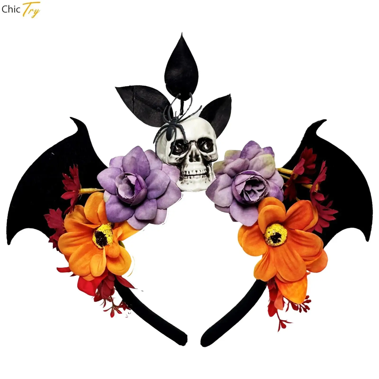 

Halloween Funny Hair Hoop Adorned with Bat Wing Skull Artificial Flower Headpiece Carnival Festivals Dress-Up Props Accessories