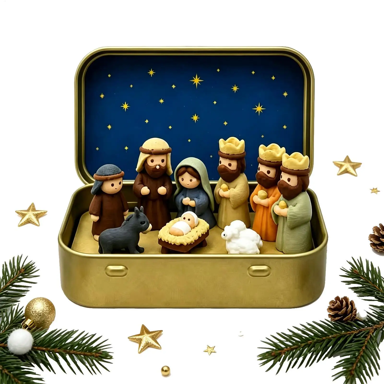 3D Printed Mini Christmas Nativity Set in Tin Box Jesus Birth Manger Nativity Scene Figurines Ornament Christmas Decorations