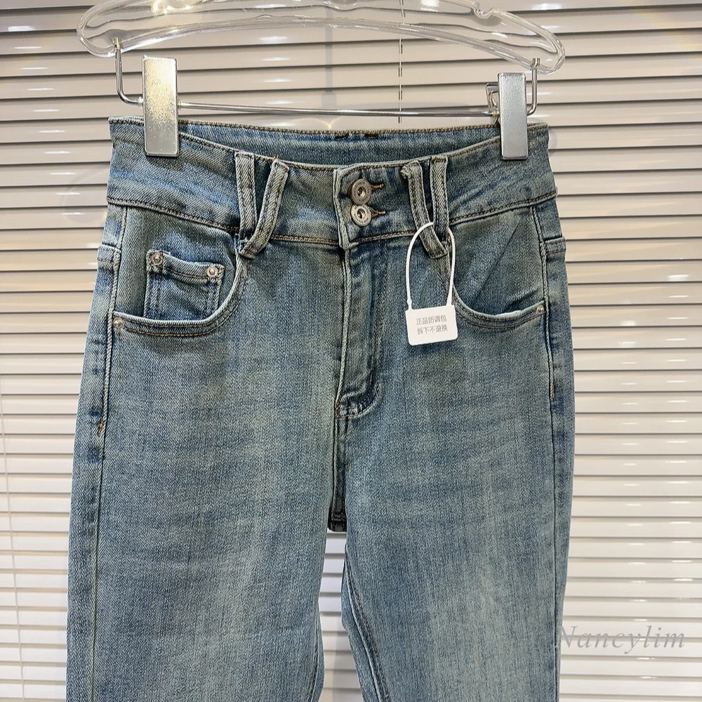 Jeans azul simples casual para mulheres, cor sólida, design lavado e desgastado, calça fina e emagrecedora, nova para primavera e verão