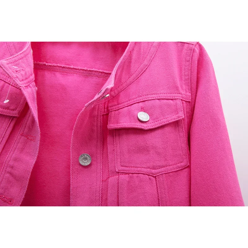 

Rose Red Denim Jacket Women Summer Thin O Neck Half Sleeve Slim Short Cowboy Outerwear Fashion Big Pocket Jeans Jacket Female